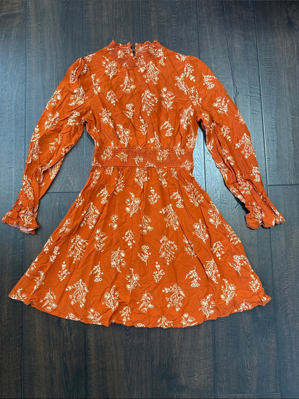 CupShe Small Rust Floral Long-Sleeve Smocked Waist Dress NWOT